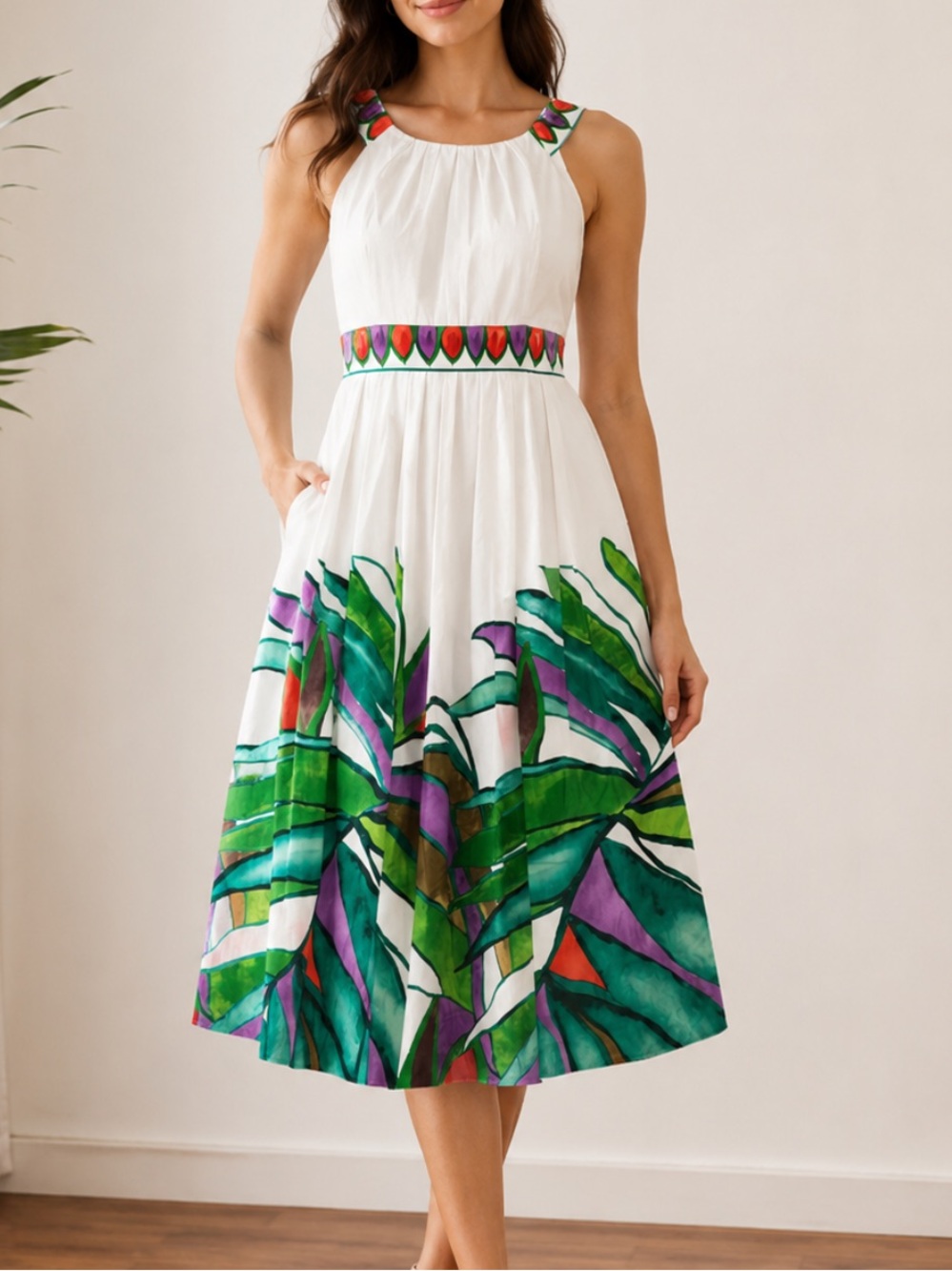 Jones New York White Dress with Leaf Print